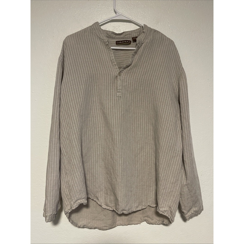 Cubavera Mens V Neck Embroidered 1/4 Button Up‎ Shirt Tan Size XL Casual
